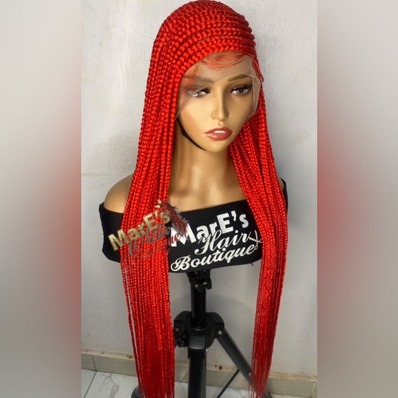 Full lace red woman braided wig with adjustable band .
